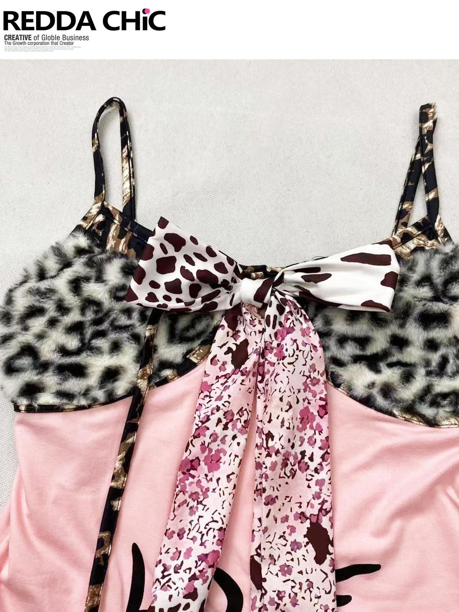 REDDACHIC Pink Fuzzy Leopard Print Bow Slim Fit Cropped Women'S Triacetate Camisoles