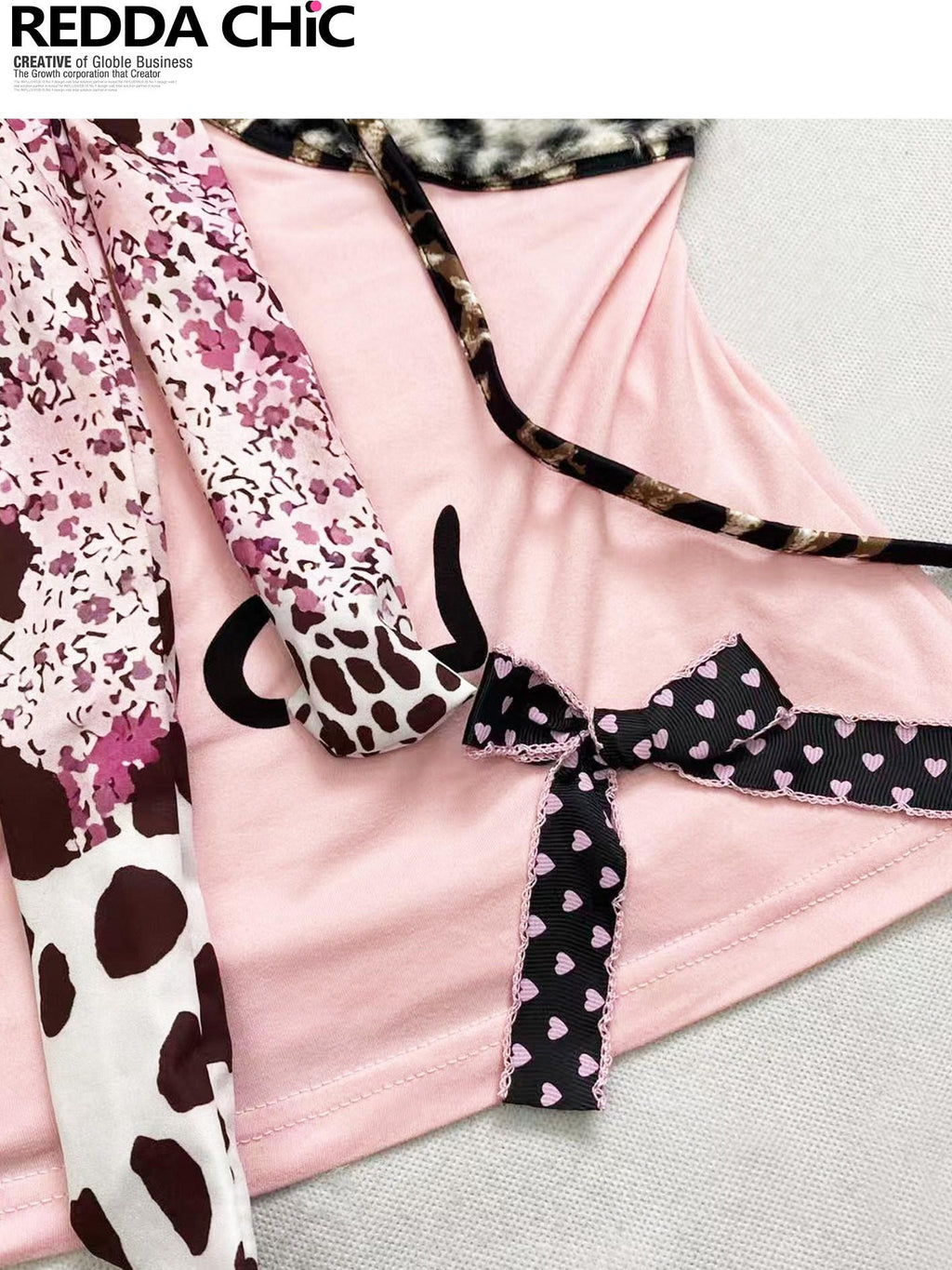 REDDACHIC Pink Fuzzy Leopard Print Bow Slim Fit Cropped Women'S Triacetate Camisoles