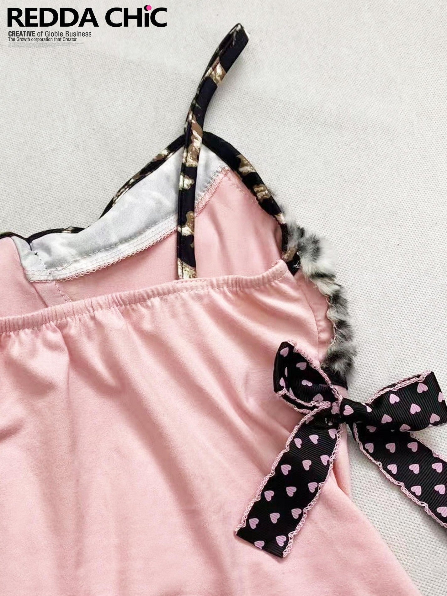 REDDACHIC Pink Fuzzy Leopard Print Bow Slim Fit Cropped Women'S Triacetate Camisoles