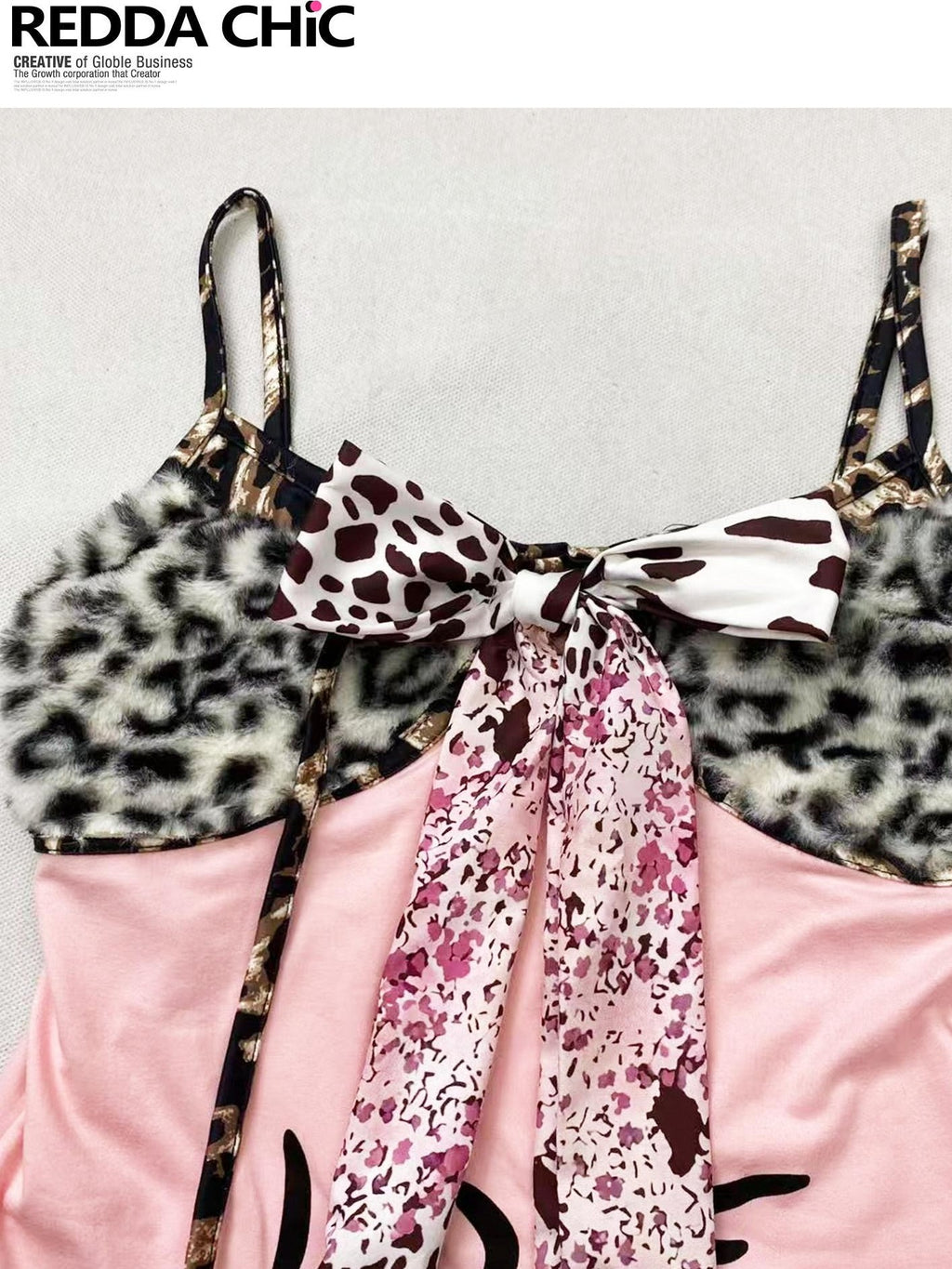 REDDACHIC Pink Fuzzy Leopard Print Bow Slim Fit Cropped Women'S Triacetate Camisoles