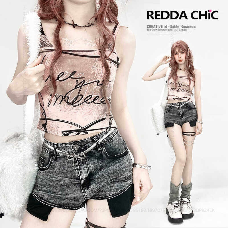 REDDACHIC_Pink_Lace_Trim_Letter_Print_Slim_Fit_Cropped_Women'S_Camisoles_MISSTT