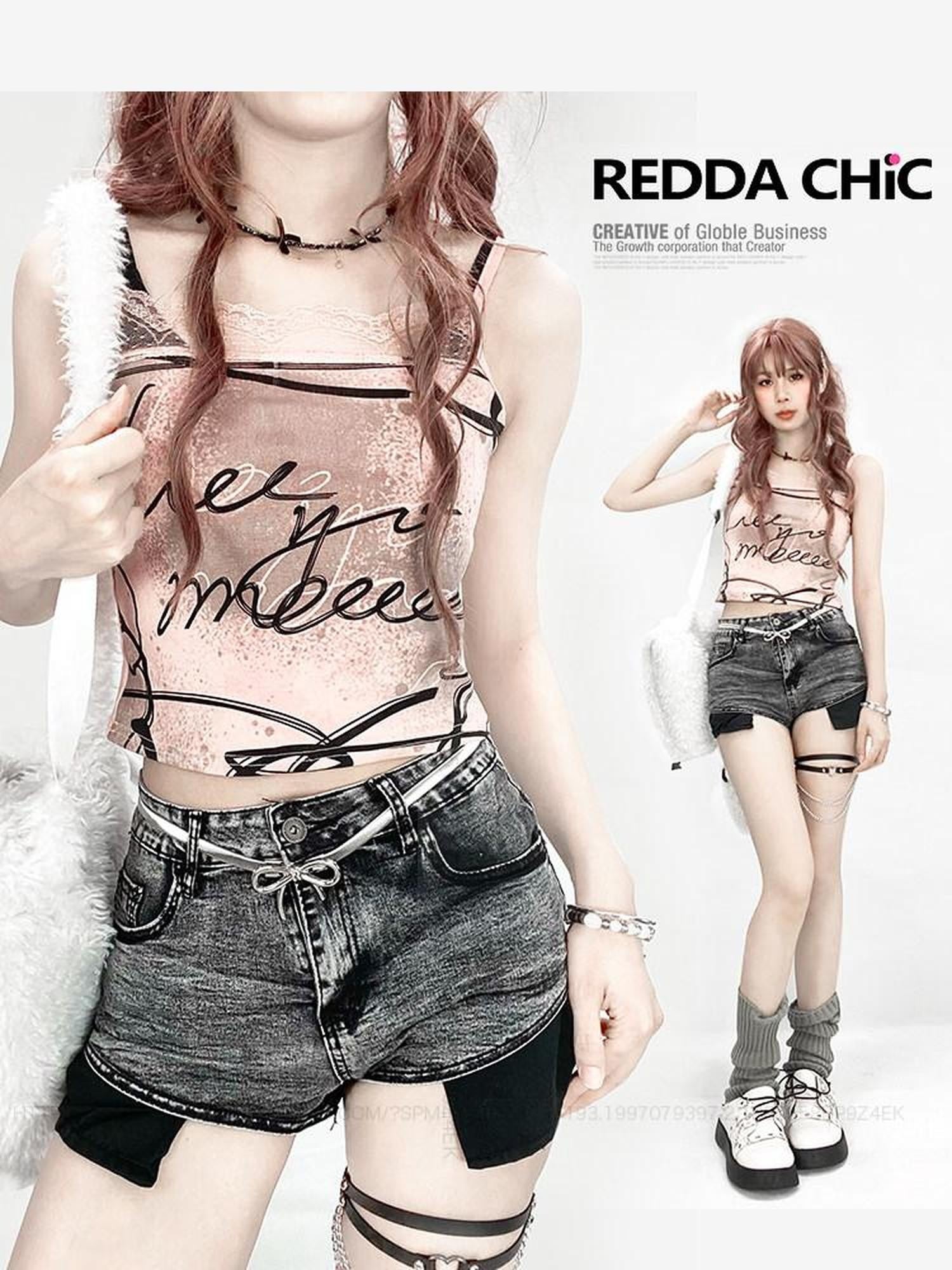 REDDACHIC Pink Lace Trim Letter Print Slim Fit Cropped Women'S Camisoles
