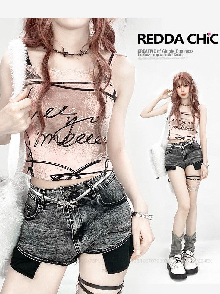 REDDACHIC Pink Lace Trim Letter Print Slim Fit Cropped Women'S Camisoles