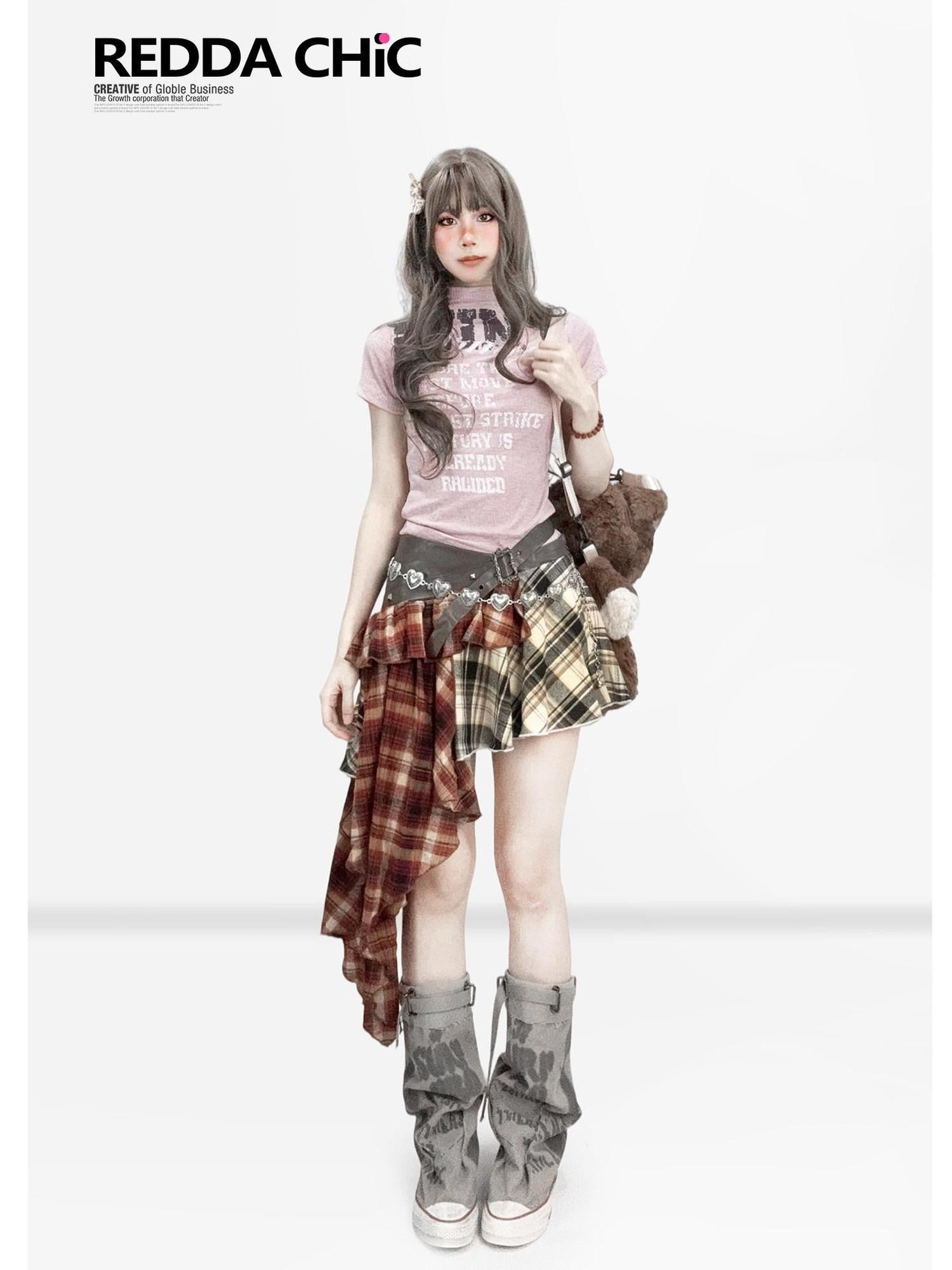 REDDACHIC Pink Letter Print Half High Collar Cropped Slim Women'S Short Sleeve T-Shirts