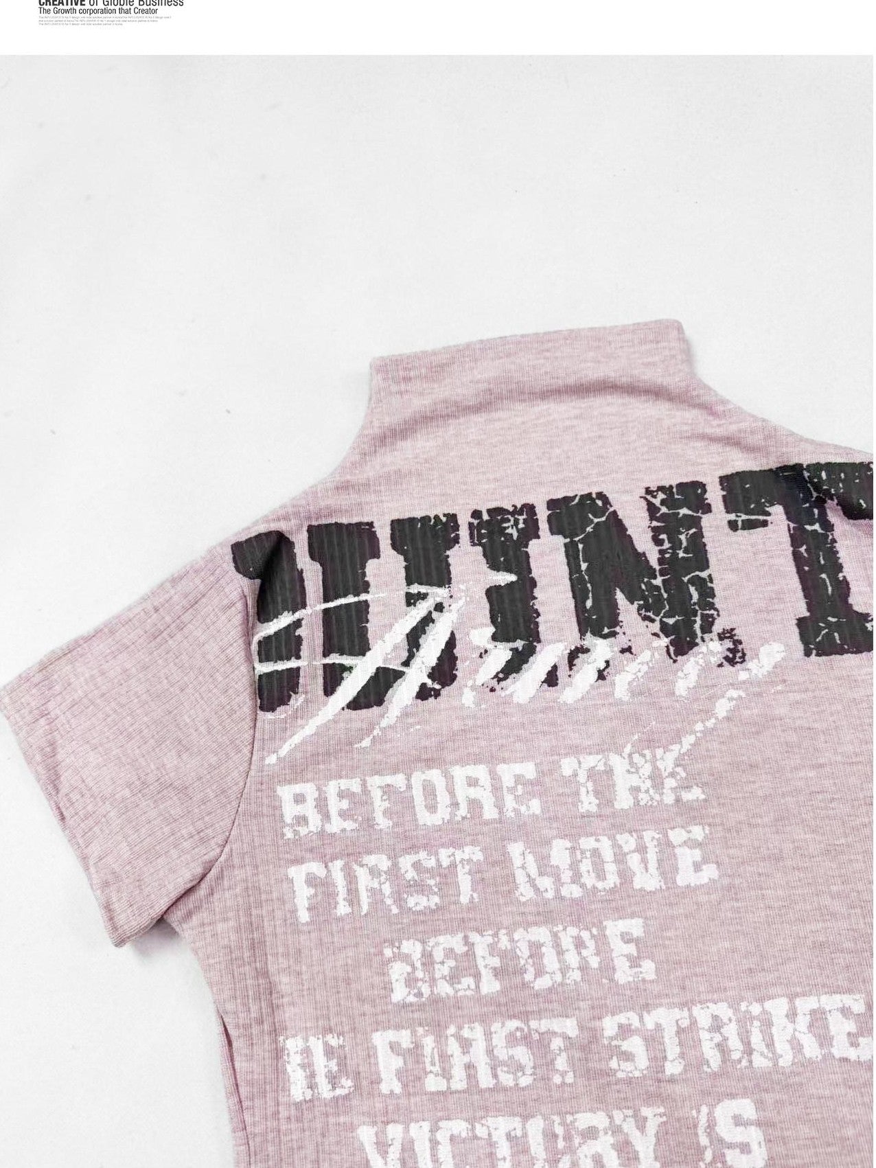 REDDACHIC Pink Letter Print Half High Collar Cropped Slim Women'S Short Sleeve T-Shirts