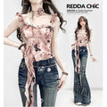 REDDACHIC_Pink_Oil_Print_Padded_Asymmetrical_Ruffle_Cropped_Women'S_Camisoles_MISSTT