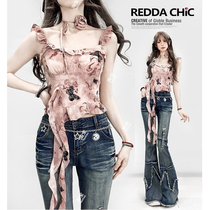 REDDACHIC_Pink_Oil_Print_Padded_Asymmetrical_Ruffle_Cropped_Women'S_Camisoles_MISSTT