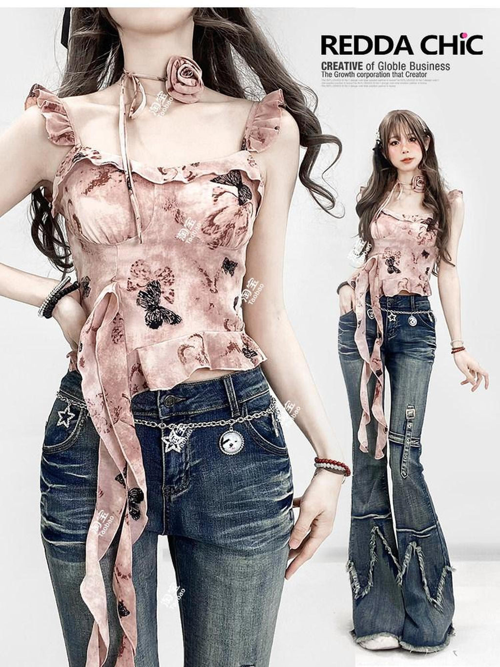 REDDACHIC Pink Oil Print Padded Asymmetrical Ruffle Cropped Women'S Camisoles