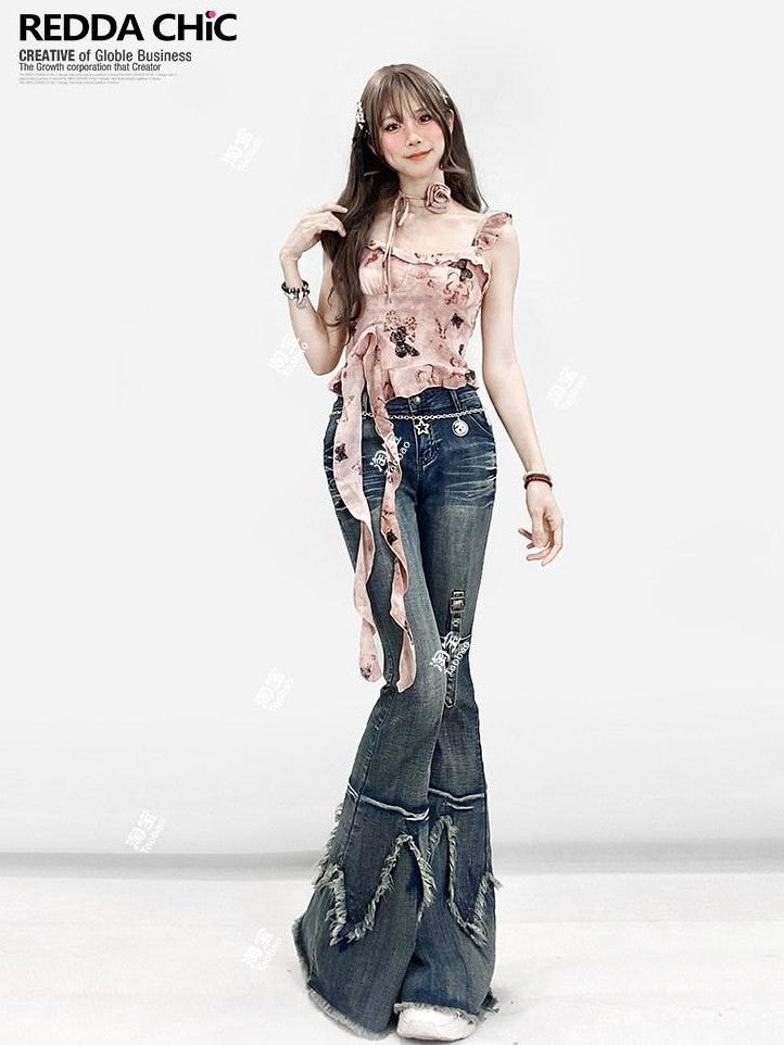 REDDACHIC Pink Oil Print Padded Asymmetrical Ruffle Cropped Women'S Camisoles