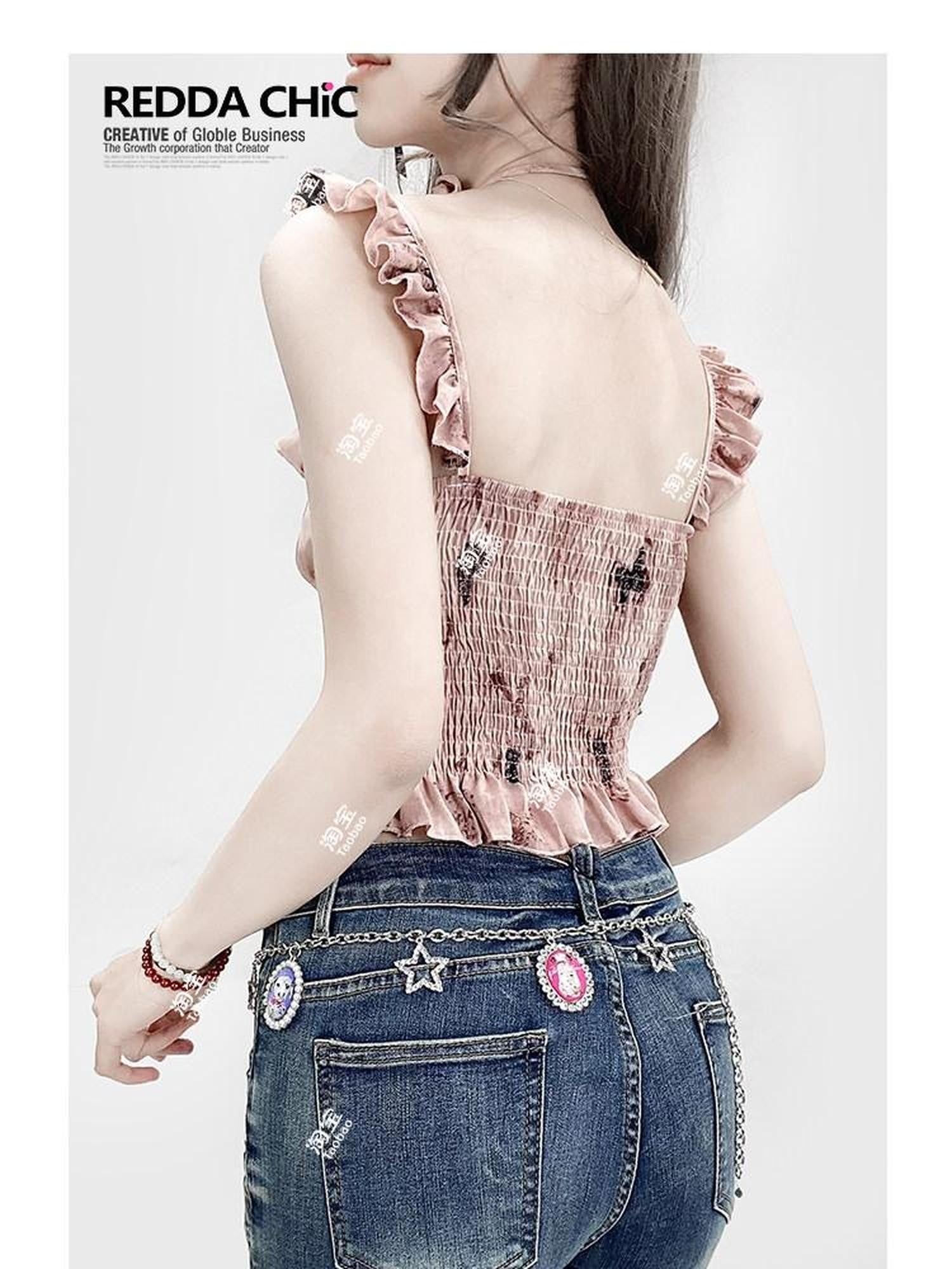 REDDACHIC Pink Oil Print Padded Asymmetrical Ruffle Cropped Women'S Camisoles