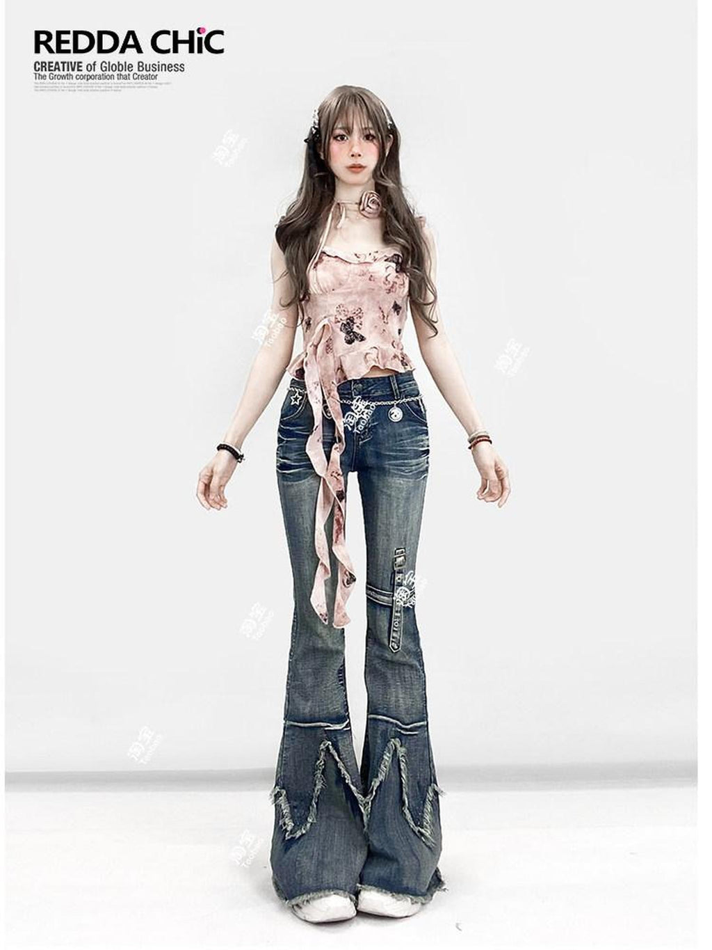 REDDACHIC Pink Oil Print Padded Asymmetrical Ruffle Cropped Women'S Camisoles