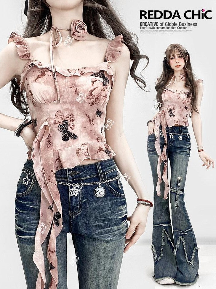 REDDACHIC Pink Oil Print Padded Asymmetrical Ruffle Cropped Women'S Camisoles