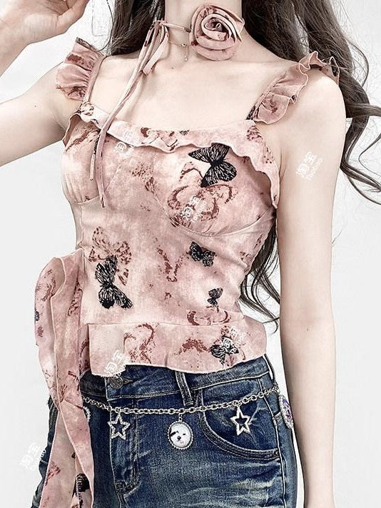 REDDACHIC Pink Oil Print Padded Asymmetrical Ruffle Cropped Women'S Camisoles