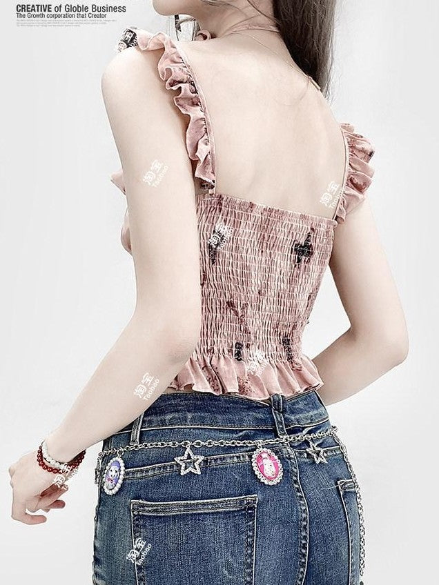 REDDACHIC Pink Oil Print Padded Asymmetrical Ruffle Cropped Women'S Camisoles