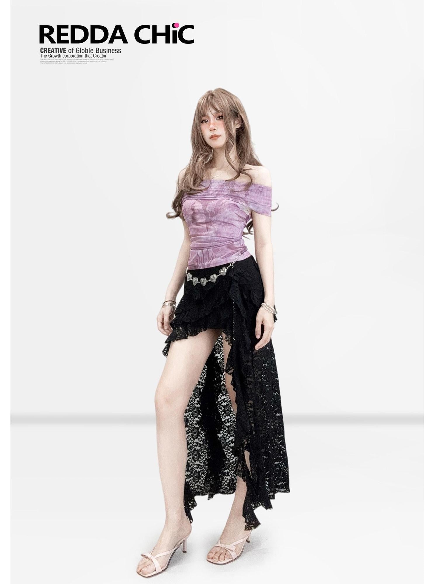 REDDACHIC Pink Ombre Tie Dye Off Shoulder Crop Slim Women'S Mesh Short Sleeve T-Shirts