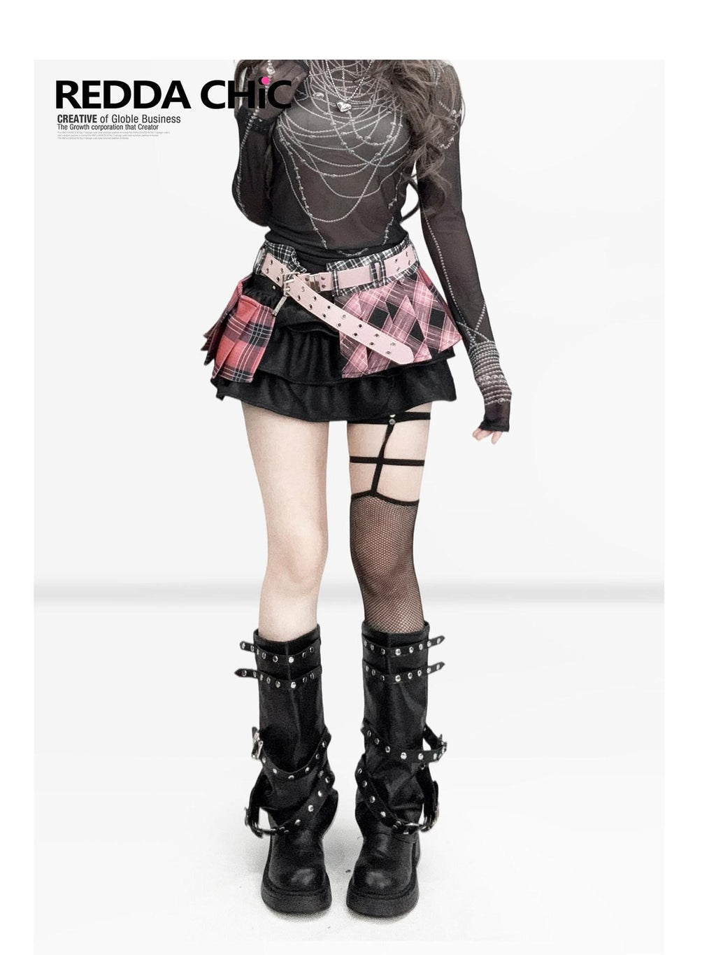 REDDACHIC Pink Plaid Pleated Ruffle Layered Patchwork Mid Waist Women'S Pu Mini Skirts