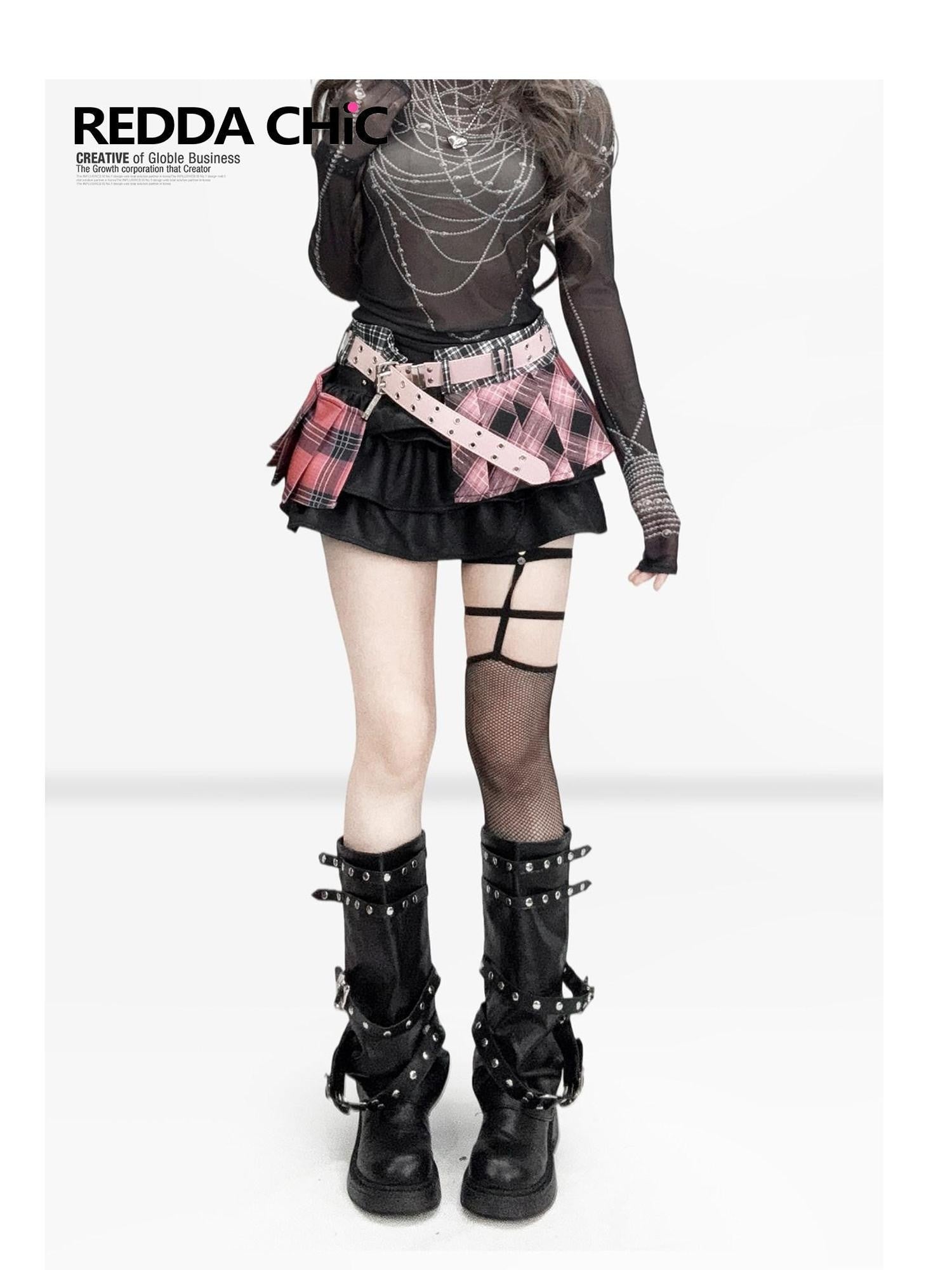 REDDACHIC Pink Plaid Pleated Ruffle Layered Patchwork Mid Waist Women'S Pu Mini Skirts