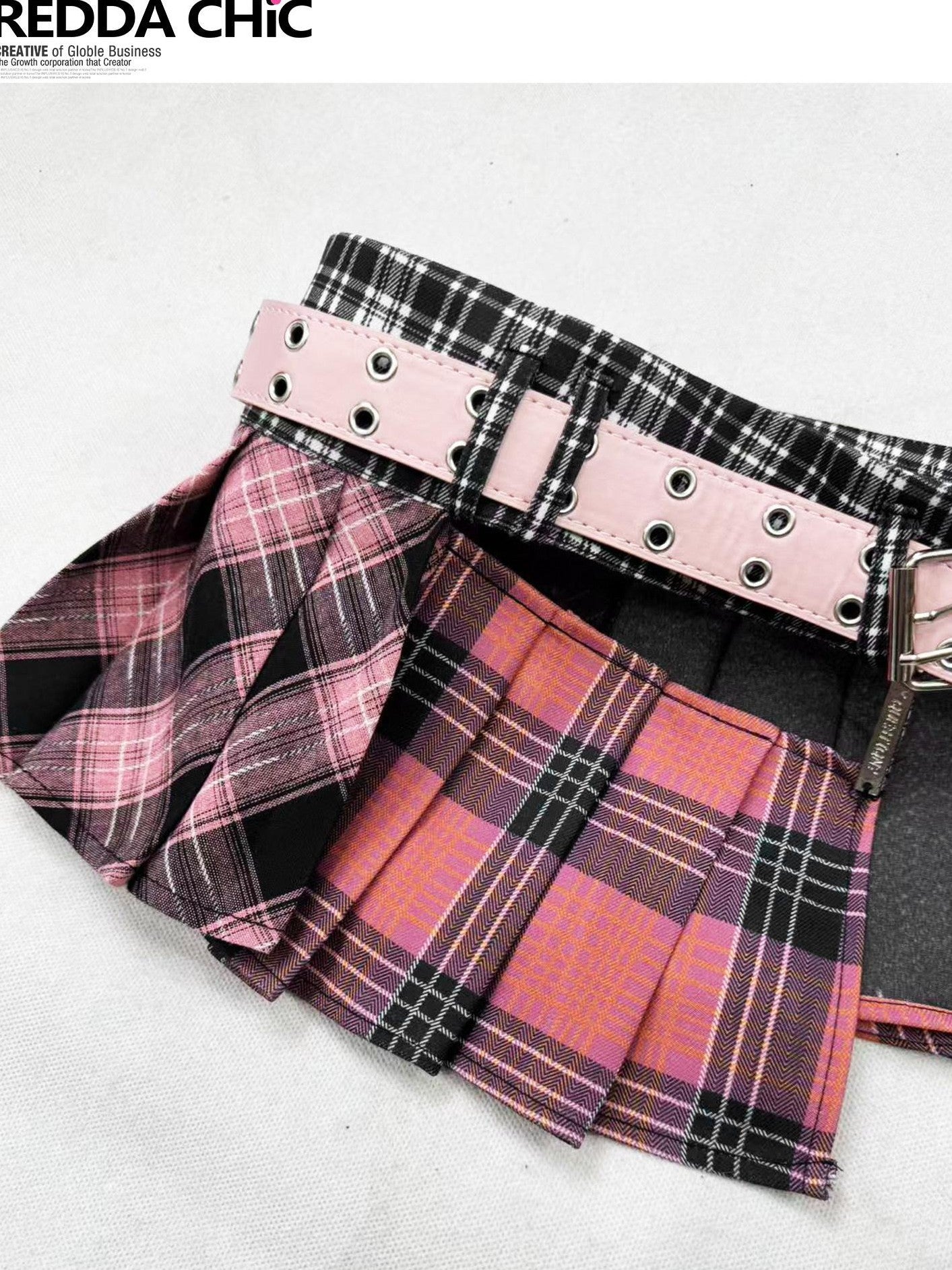 REDDACHIC Pink Plaid Pleated Ruffle Layered Patchwork Mid Waist Women'S Pu Mini Skirts