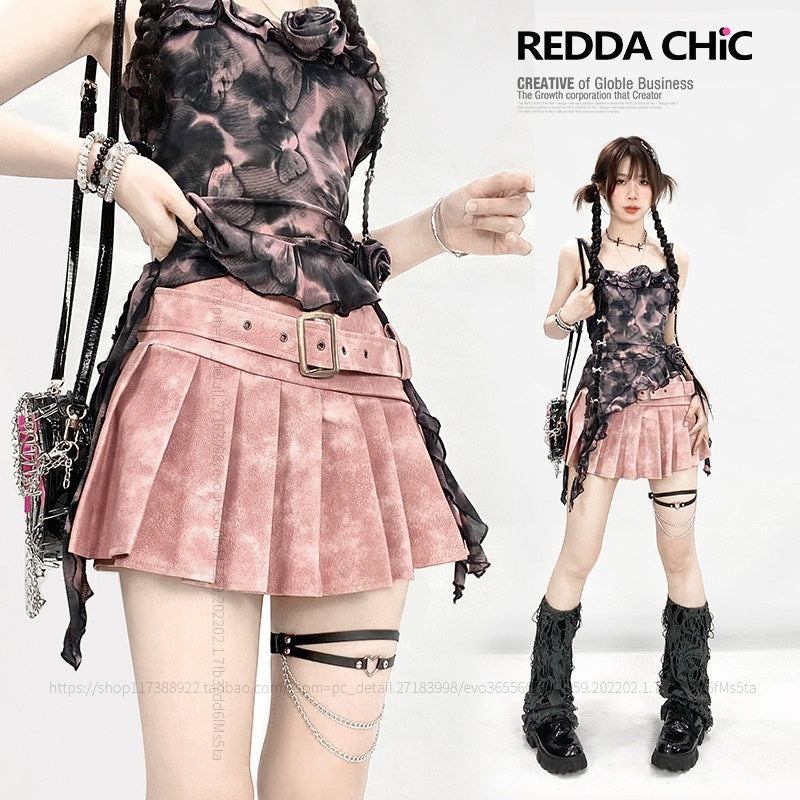 REDDACHIC_Pink_Pleated_Tie_Dye_High_Waist_A_Line_Women'S_Pu_Mini_Skirts_MISSTT