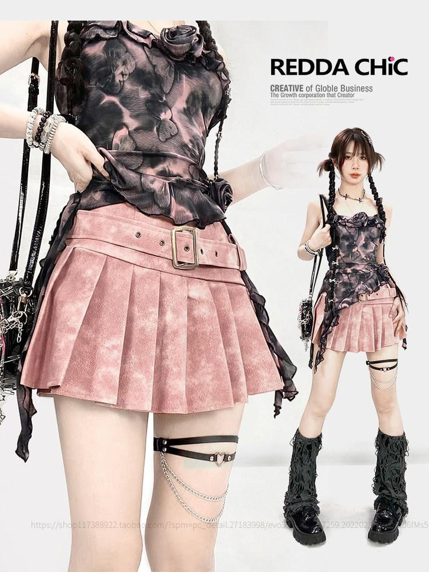 REDDACHIC Pink Pleated Tie Dye High Waist A Line Women'S Pu Mini Skirts