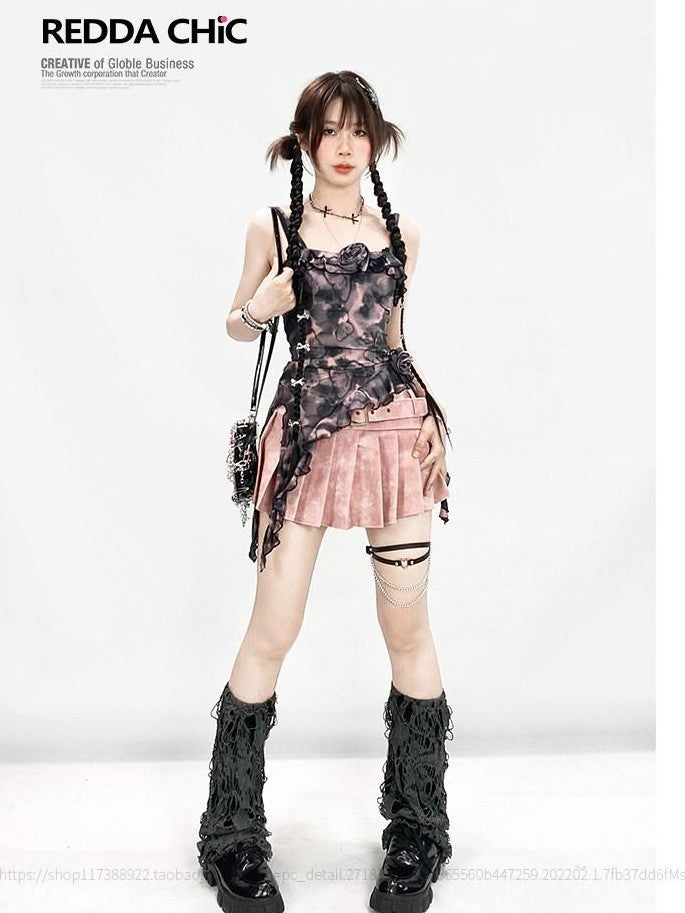 REDDACHIC Pink Pleated Tie Dye High Waist A Line Women'S Pu Mini Skirts