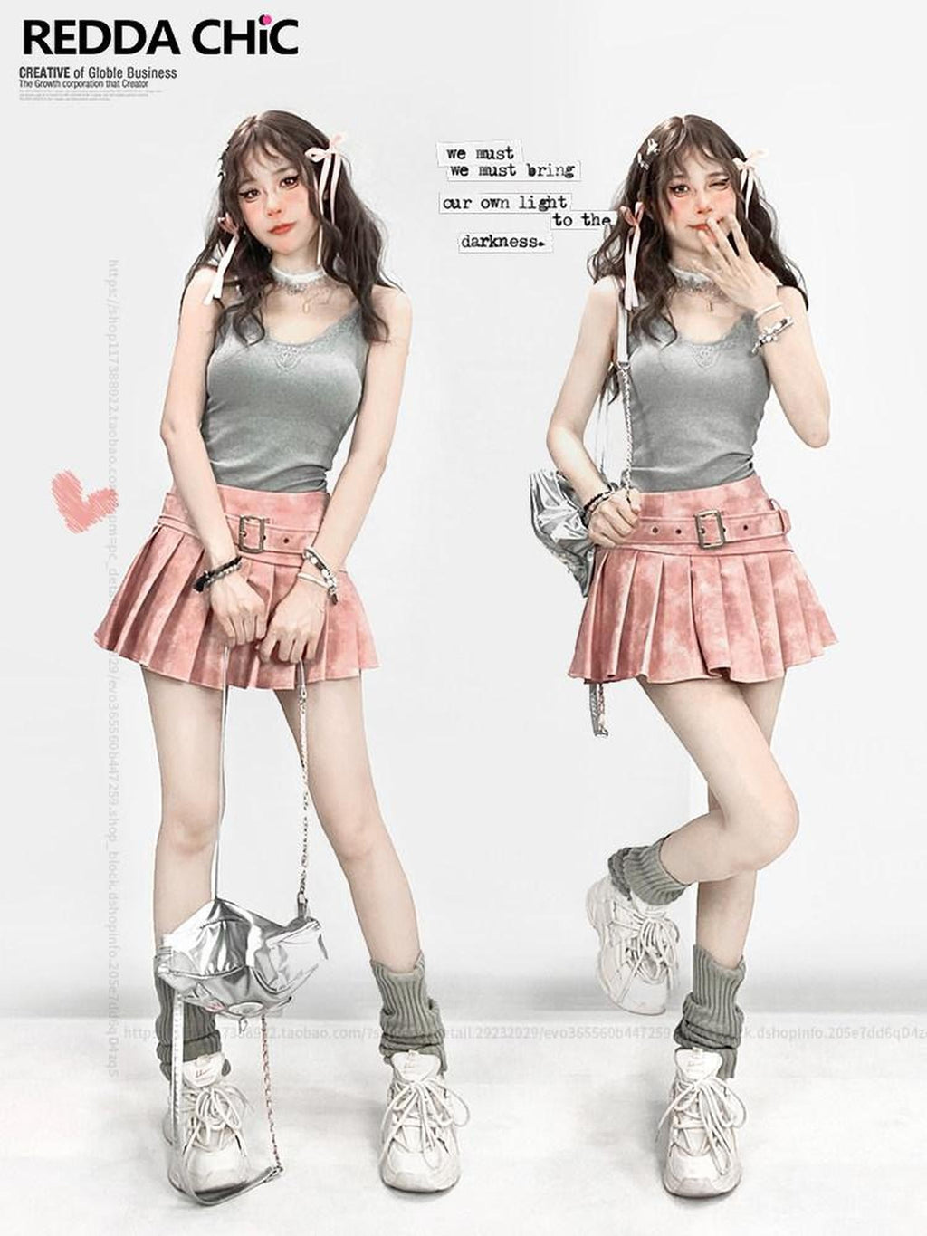 REDDACHIC Pink Pleated Tie Dye High Waist A Line Women'S Pu Mini Skirts