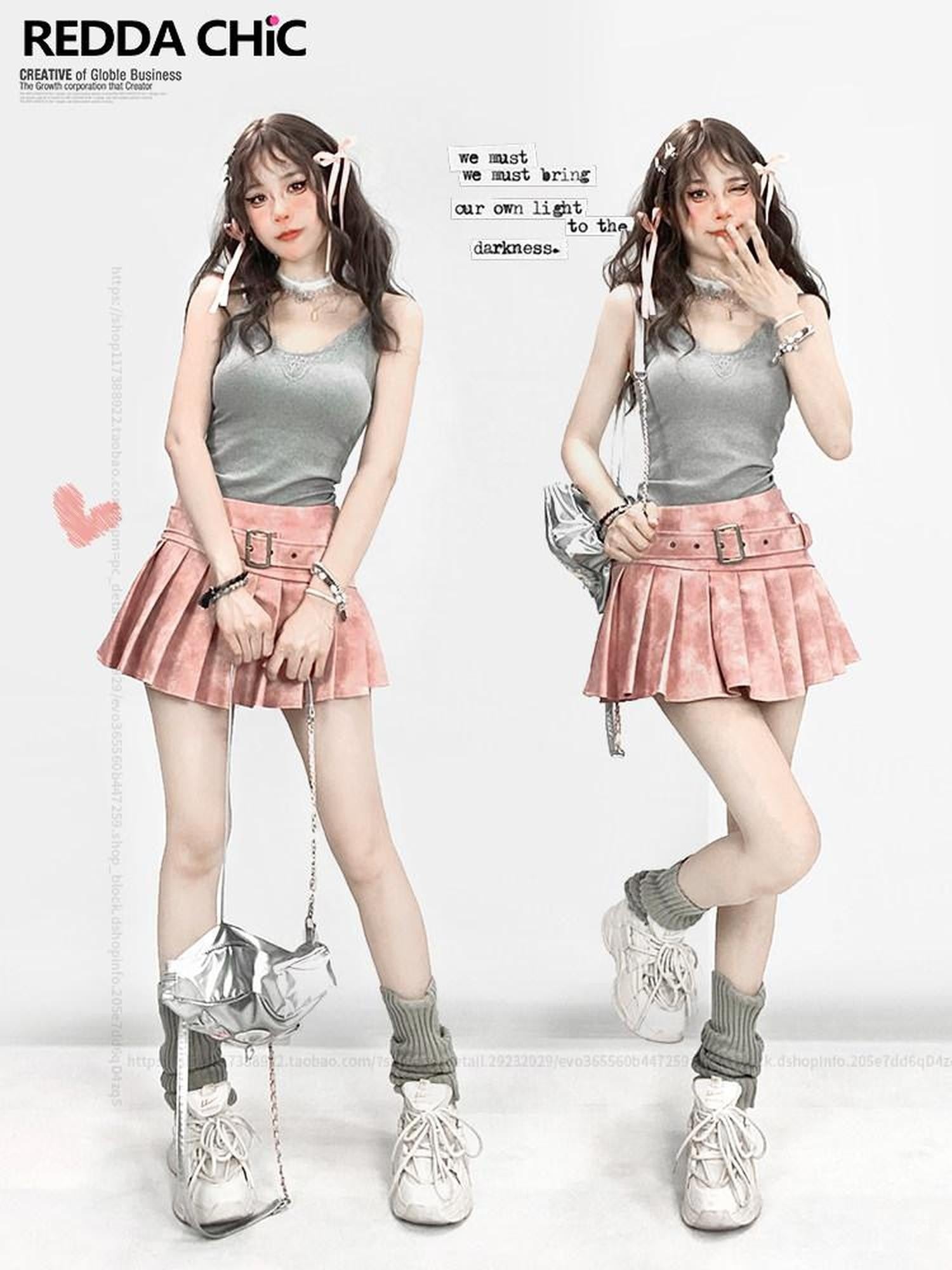 REDDACHIC Pink Pleated Tie Dye High Waist A Line Women'S Pu Mini Skirts
