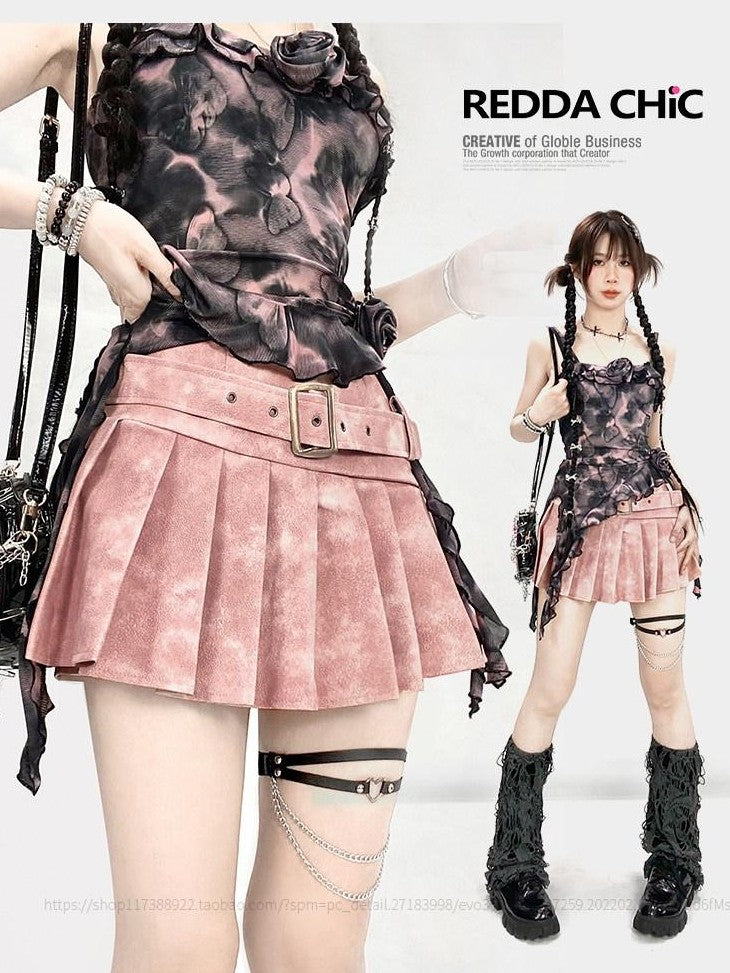 REDDACHIC Pink Pleated Tie Dye High Waist A Line Women'S Pu Mini Skirts