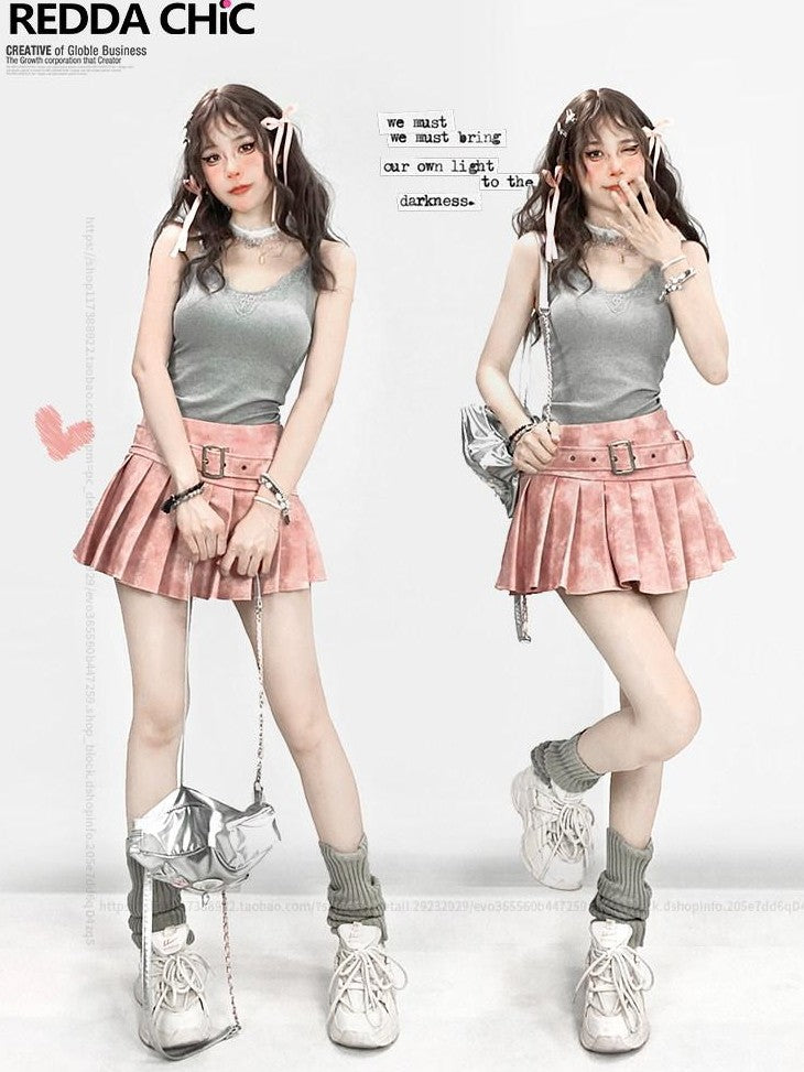 REDDACHIC Pink Pleated Tie Dye High Waist A Line Women'S Pu Mini Skirts