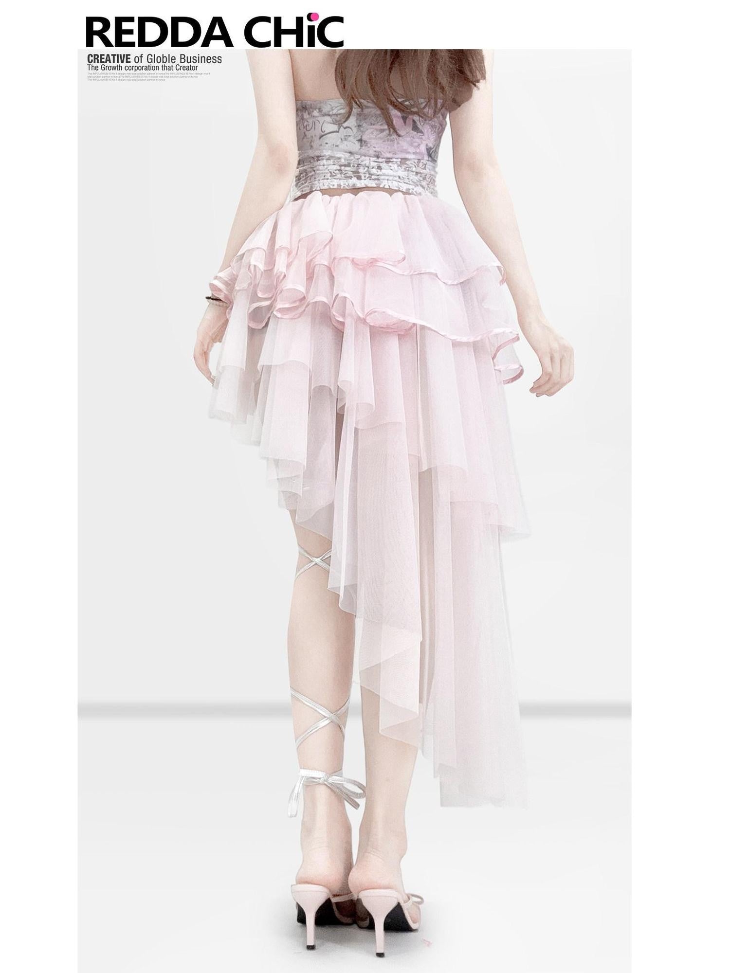 REDDACHIC Pink Tiered Asymmetrical A Line Spliced Women'S Tulle Midi Skirts