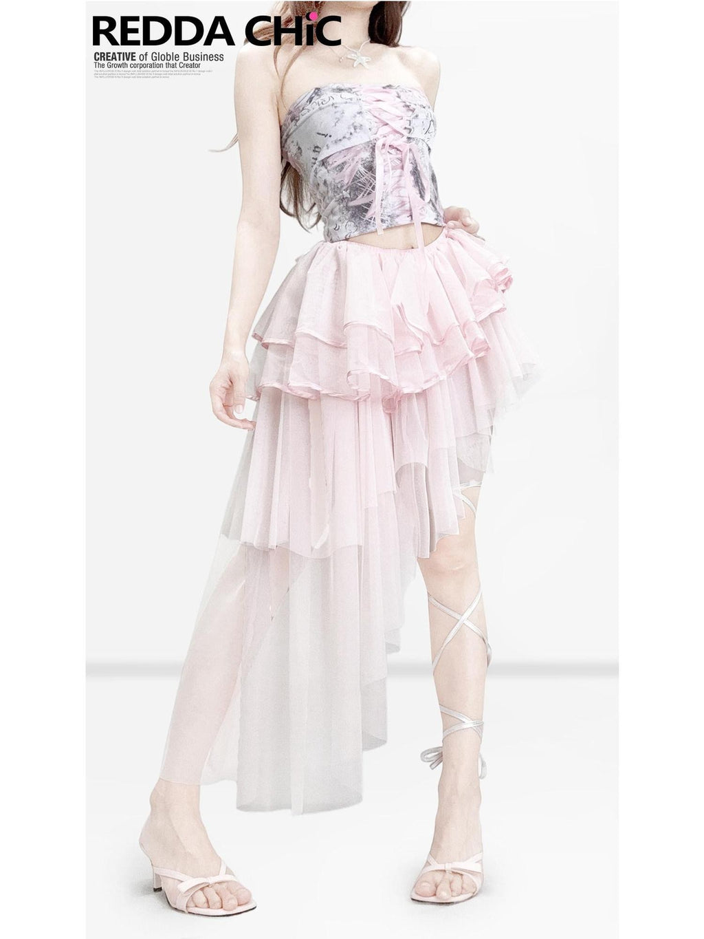 REDDACHIC Pink Tiered Asymmetrical A Line Spliced Women'S Tulle Midi Skirts