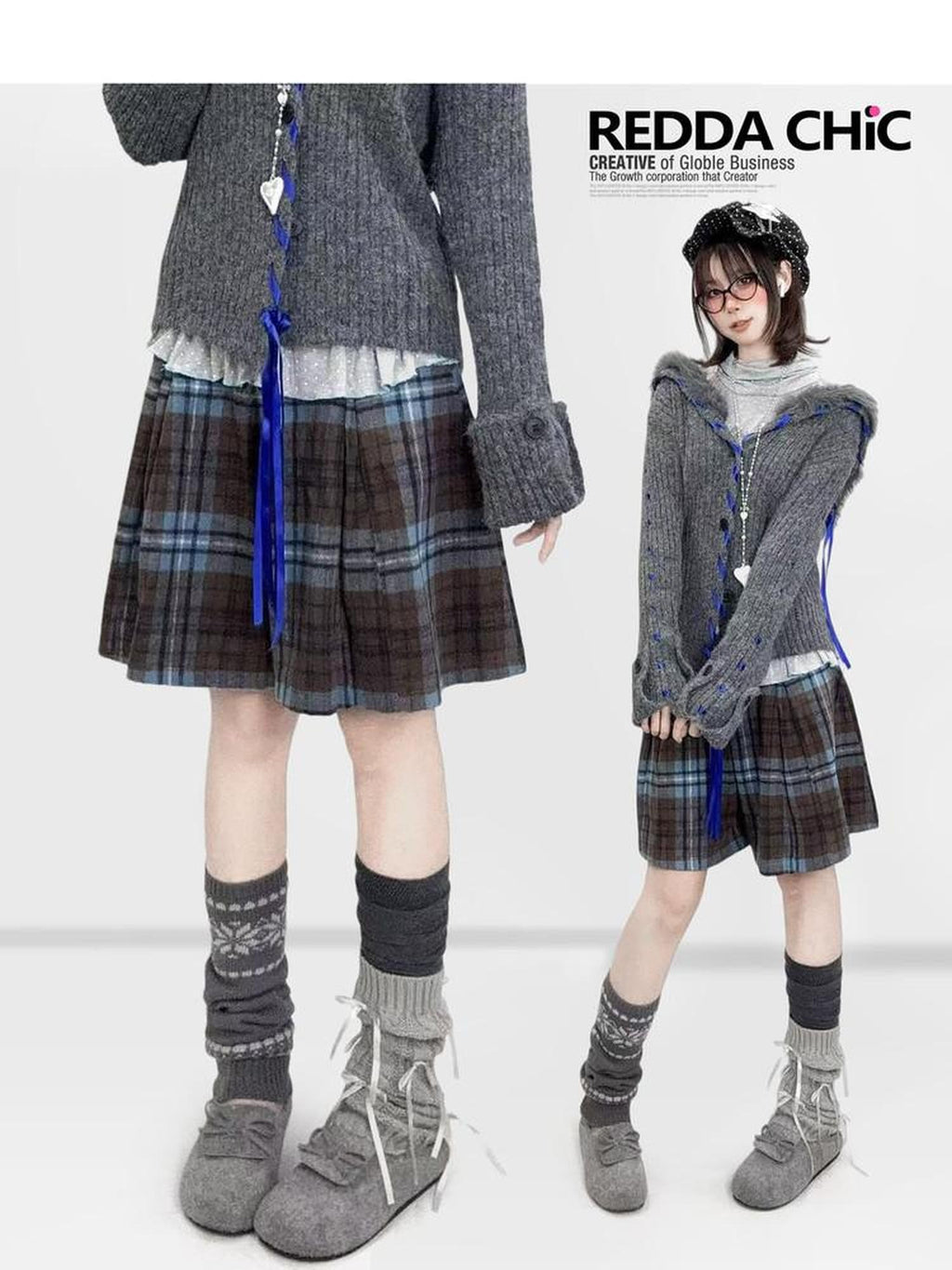 REDDACHIC Plaid A Line High Waist Layered Wide Leg Thick Women'S Woolen Mini Skirts