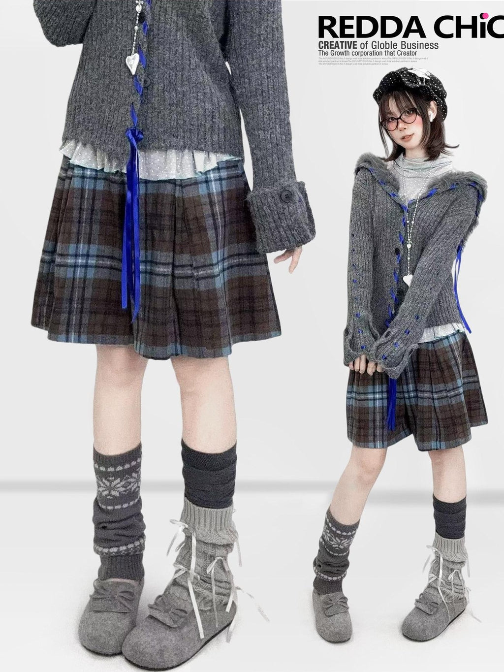 REDDACHIC Plaid A Line High Waist Layered Wide Leg Thick Women'S Woolen Mini Skirts