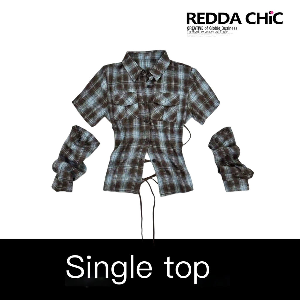 REDDACHIC_Plaid_Colorblock_Detachable_Sleeve_Cropped_Cinched_Women'S_Cotton_Blouses_MISSTT