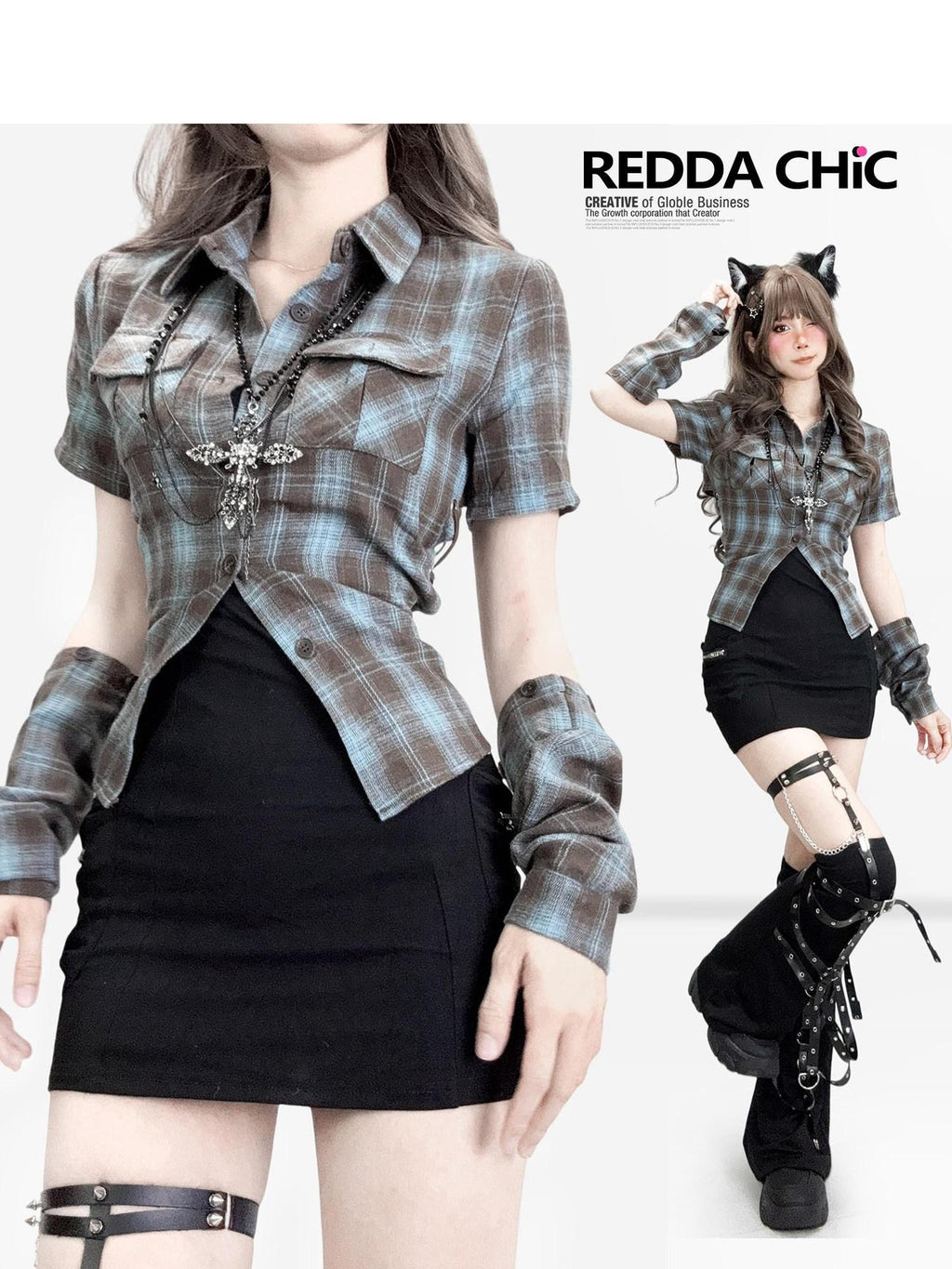 REDDACHIC Plaid Colorblock Detachable Sleeve Cropped Cinched Women'S Cotton Blouses
