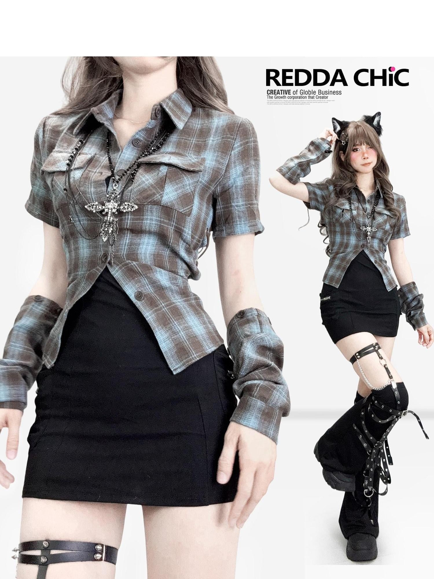 REDDACHIC Plaid Colorblock Detachable Sleeve Cropped Cinched Women'S Cotton Blouses