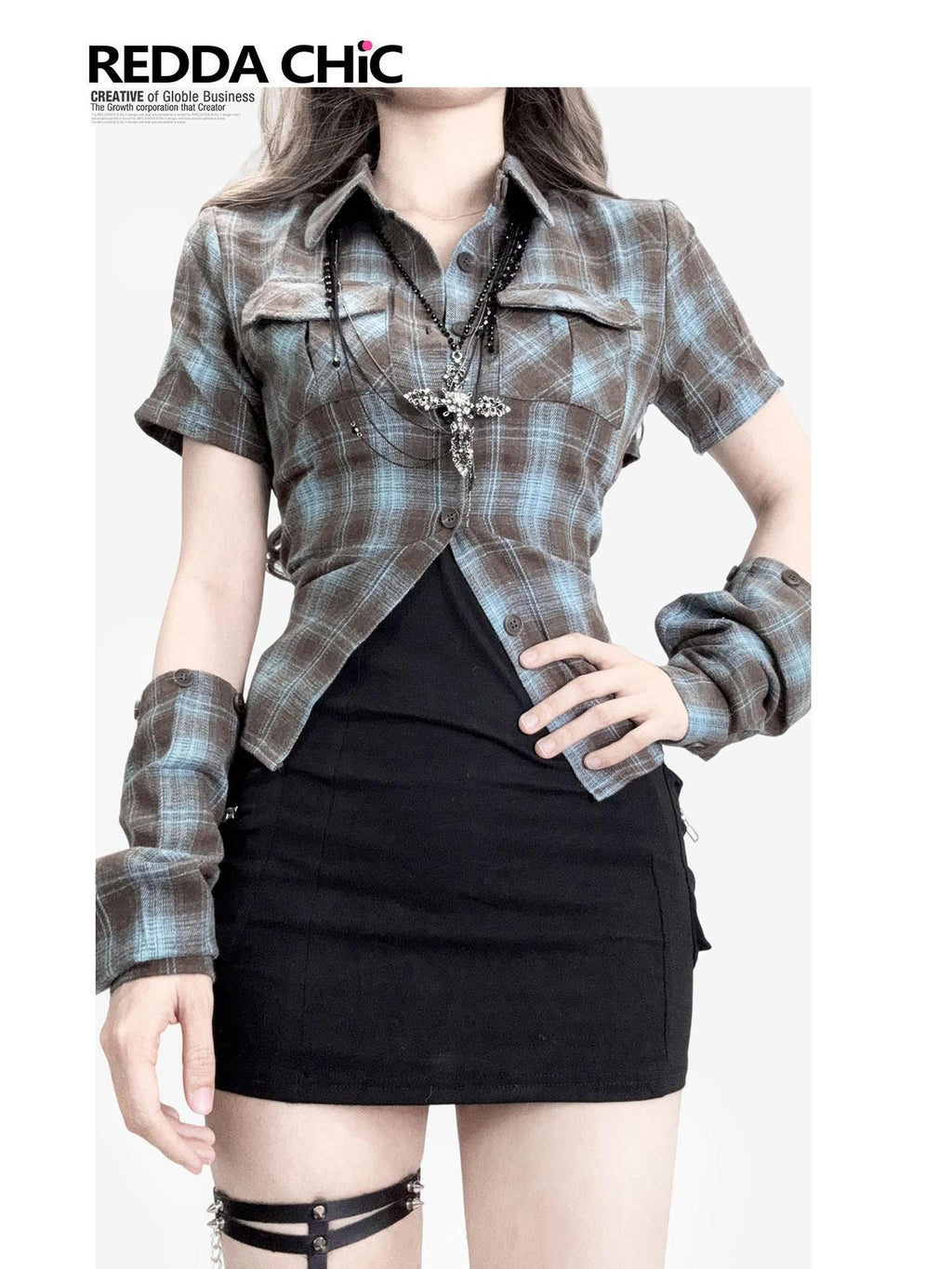 REDDACHIC Plaid Colorblock Detachable Sleeve Cropped Cinched Women'S Cotton Blouses