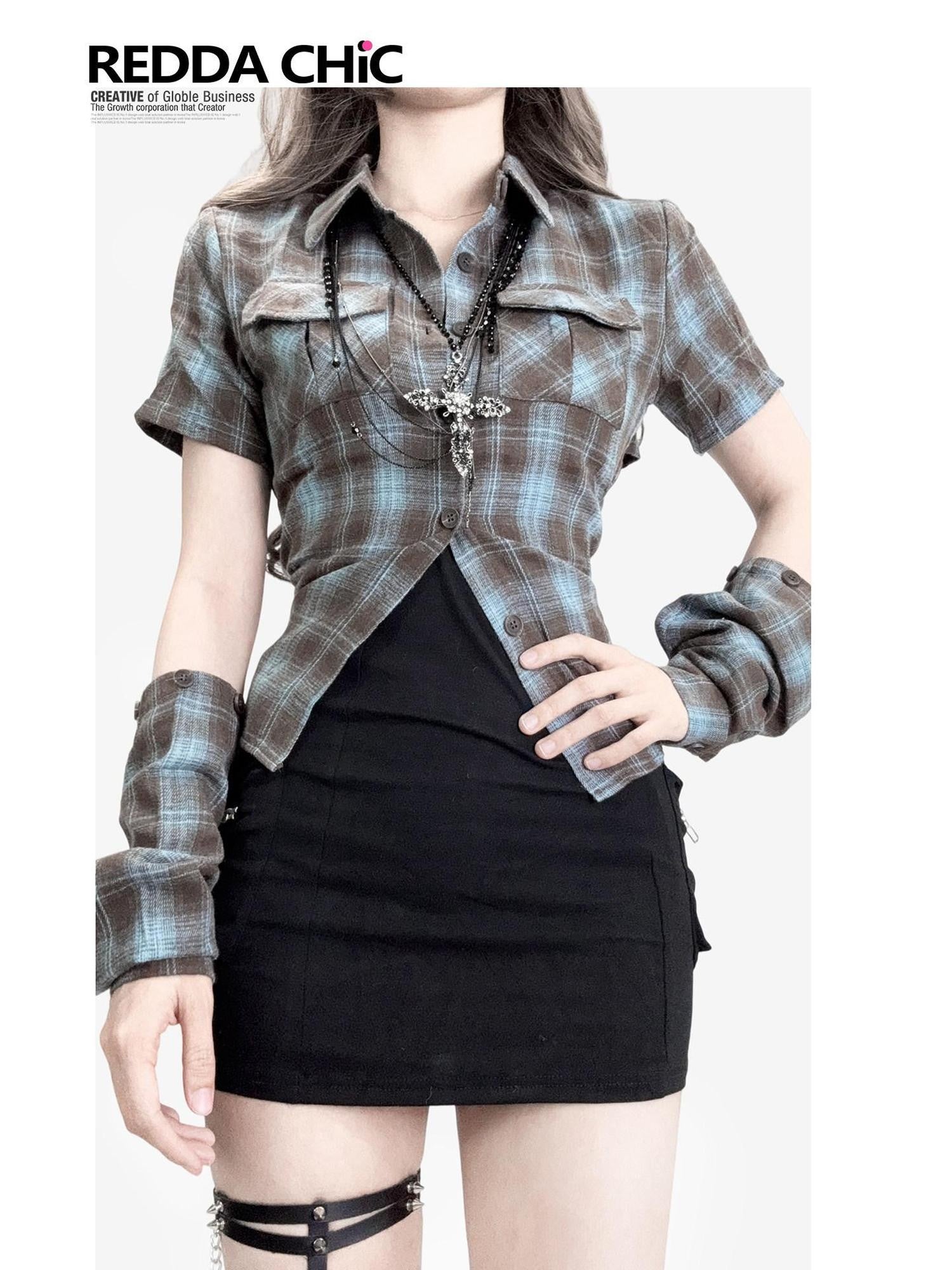 REDDACHIC Plaid Colorblock Detachable Sleeve Cropped Cinched Women'S Cotton Blouses