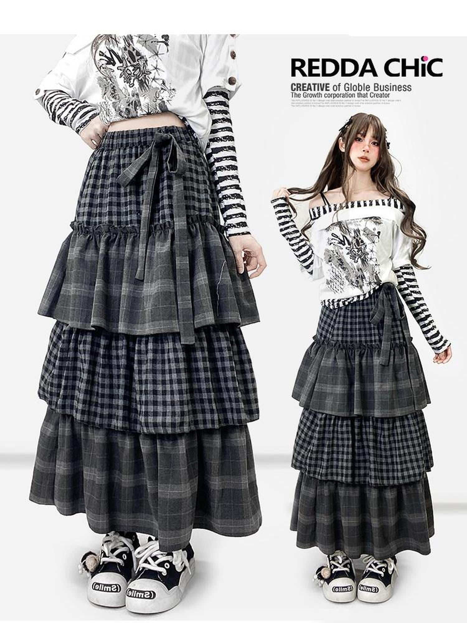 REDDACHIC Plaid Tiered Pleated A Line High Waist Bow Women'S Maxi Skirts
