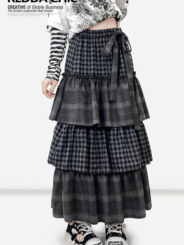 REDDACHIC Plaid Tiered Pleated A Line High Waist Bow Women'S Maxi Skirts