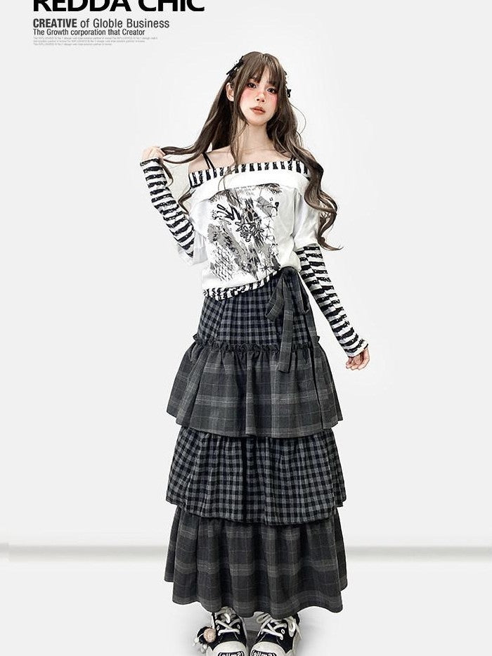 REDDACHIC Plaid Tiered Pleated A Line High Waist Bow Women'S Maxi Skirts