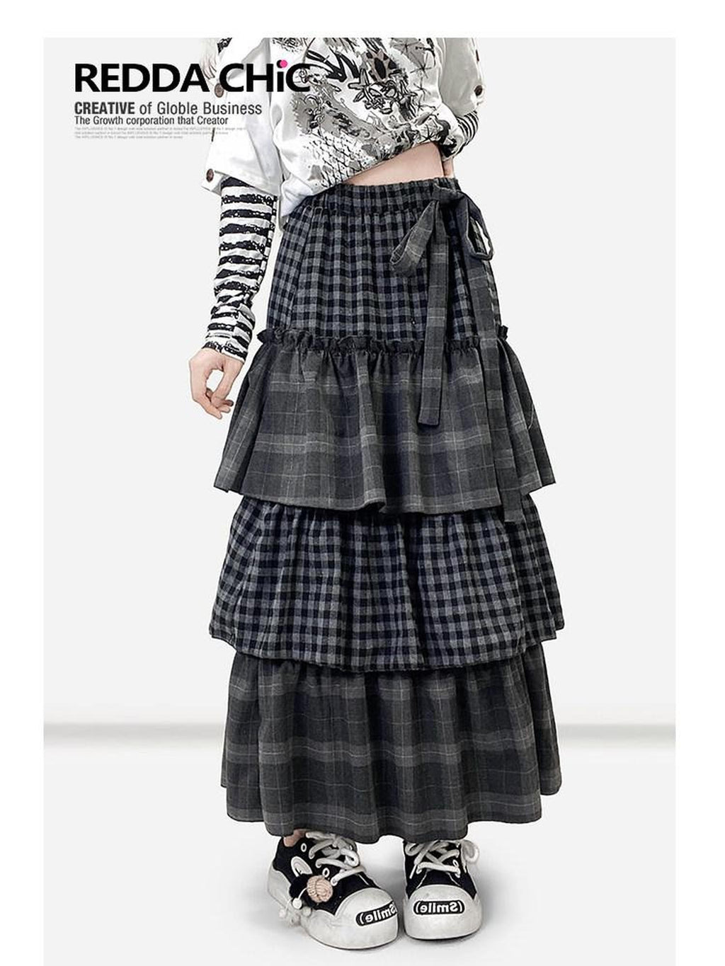 REDDACHIC Plaid Tiered Pleated A Line High Waist Bow Women'S Maxi Skirts