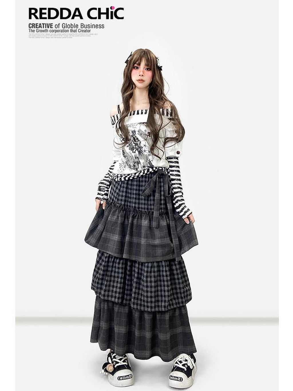 REDDACHIC Plaid Tiered Pleated A Line High Waist Bow Women'S Maxi Skirts