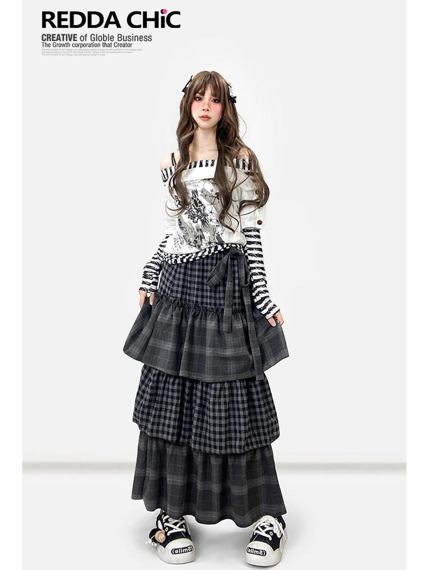 REDDACHIC Plaid Tiered Pleated A Line High Waist Bow Women'S Maxi Skirts