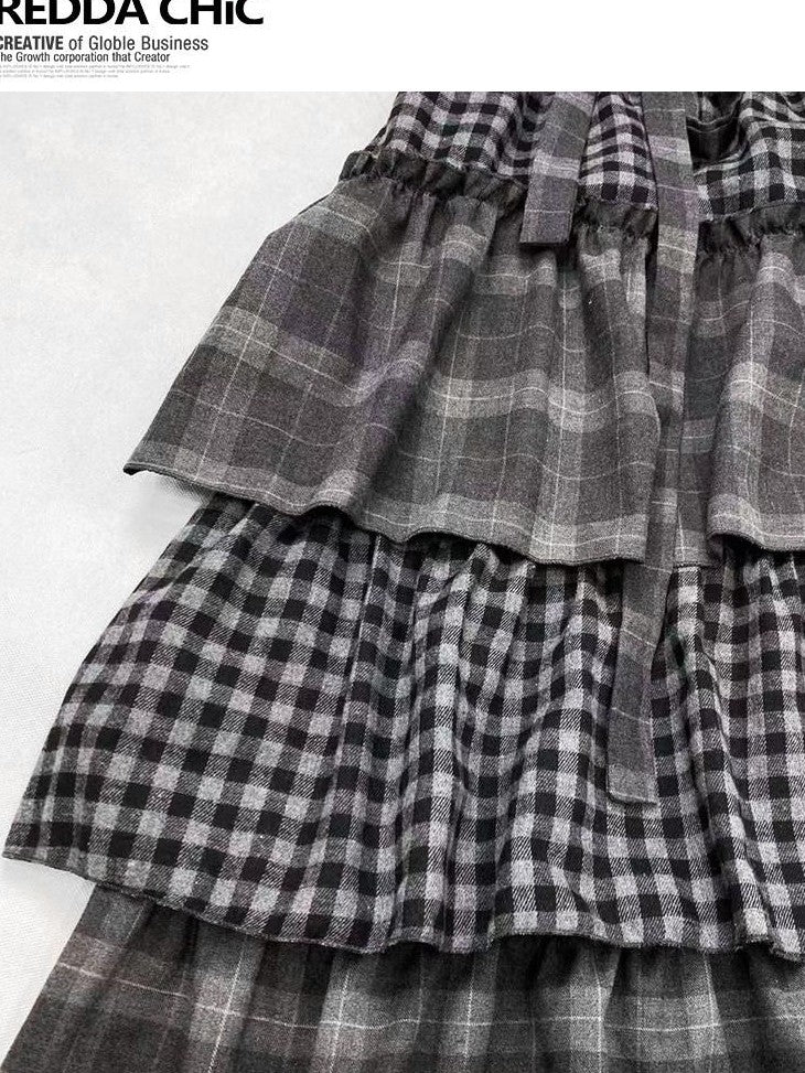 REDDACHIC Plaid Tiered Pleated A Line High Waist Bow Women'S Maxi Skirts