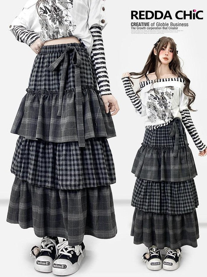 REDDACHIC Plaid Tiered Pleated A Line High Waist Bow Women'S Maxi Skirts