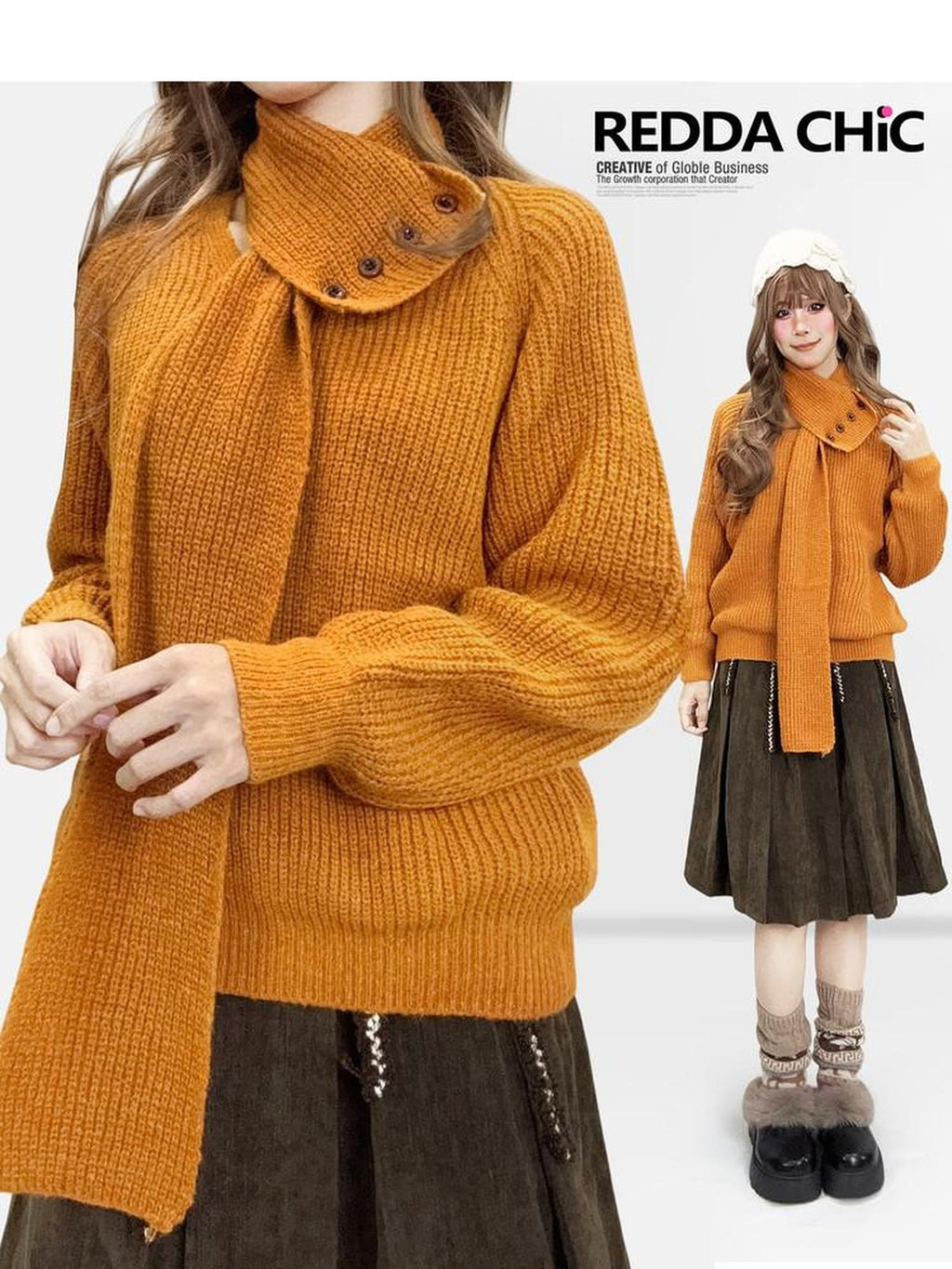 REDDACHIC Pumpkin Orange Turtleneck Knitted Loose Pullover Slouchy Women'S Sweaters