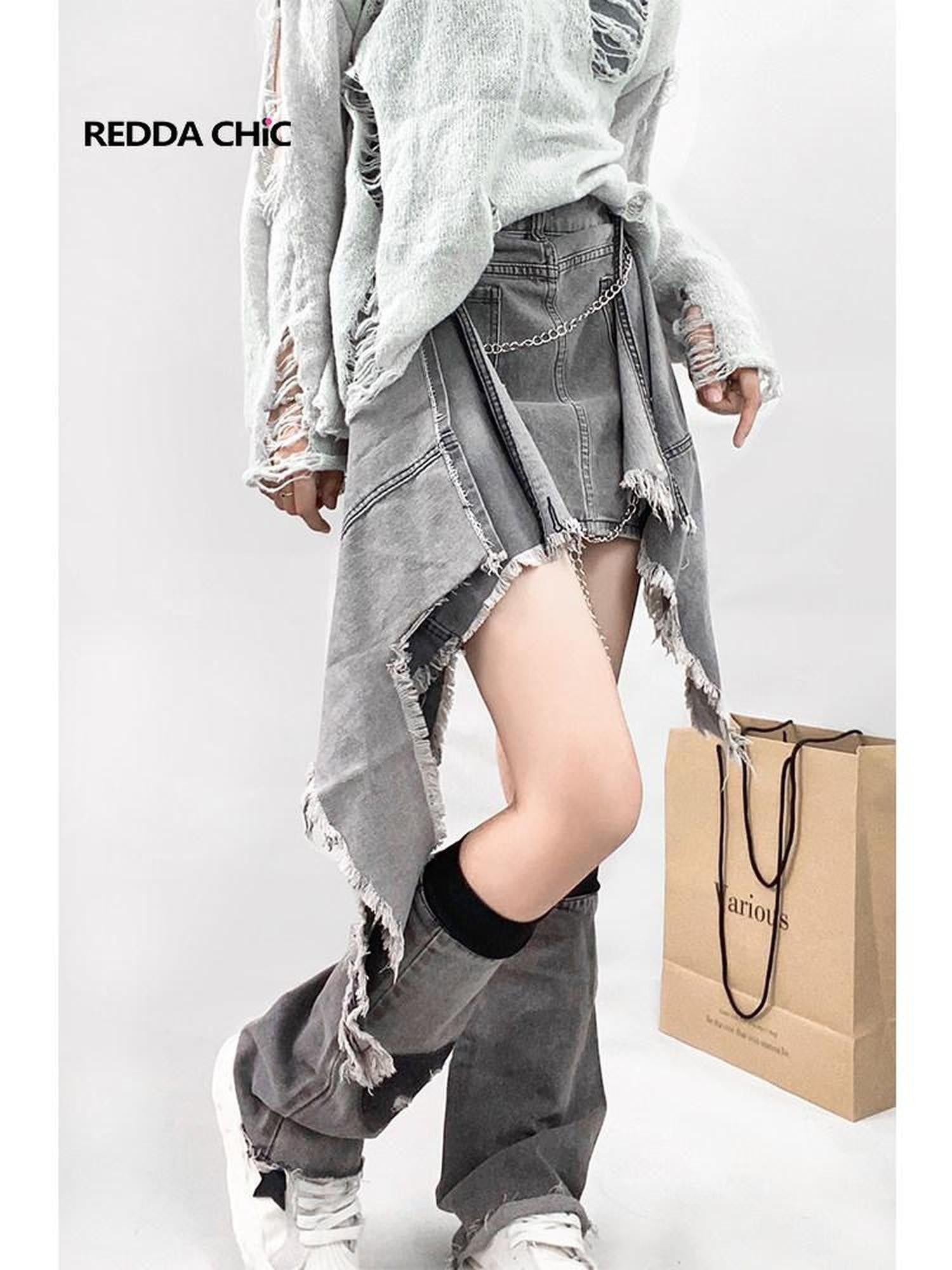 REDDACHIC Punk Tie Distressed Asymmetric Aline High Waist Women'S Denim Midi Skirts