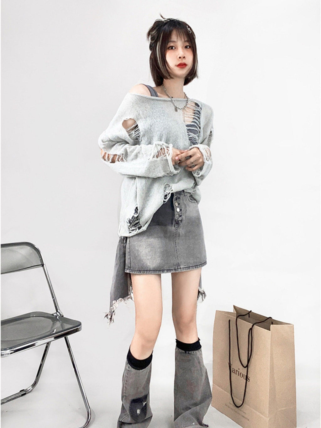 REDDACHIC Punk Tie Distressed Asymmetric Aline High Waist Women'S Denim Midi Skirts