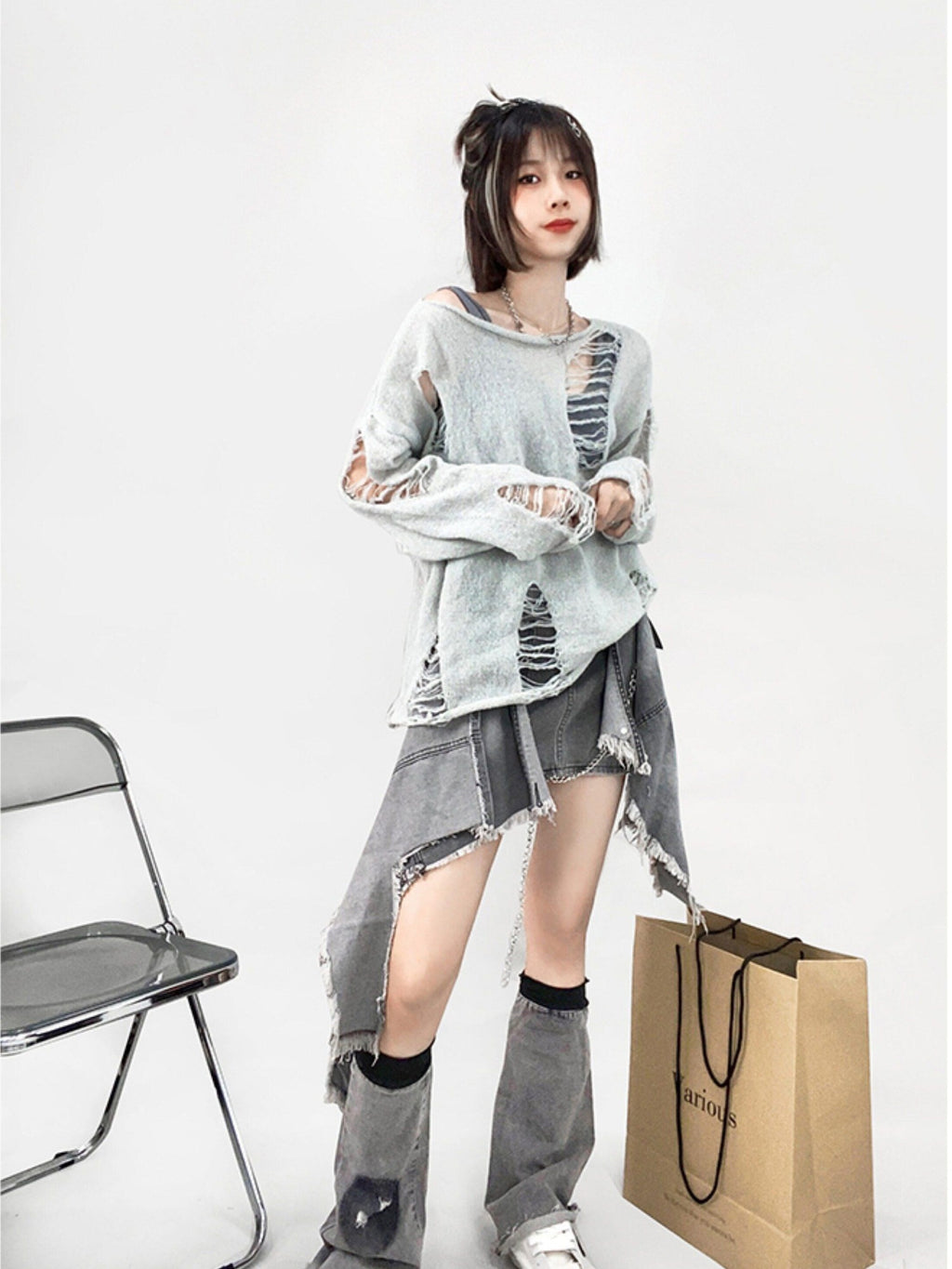 REDDACHIC Punk Tie Distressed Asymmetric Aline High Waist Women'S Denim Midi Skirts